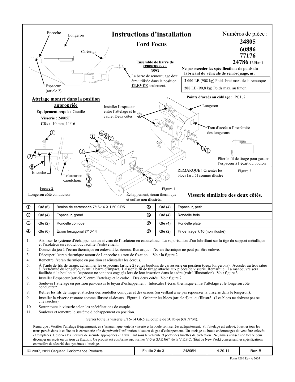 Instructions d’installation, Ford focus | Draw-Tite 24805 SPORTFRAME HITCH User Manual | Page 2 / 3