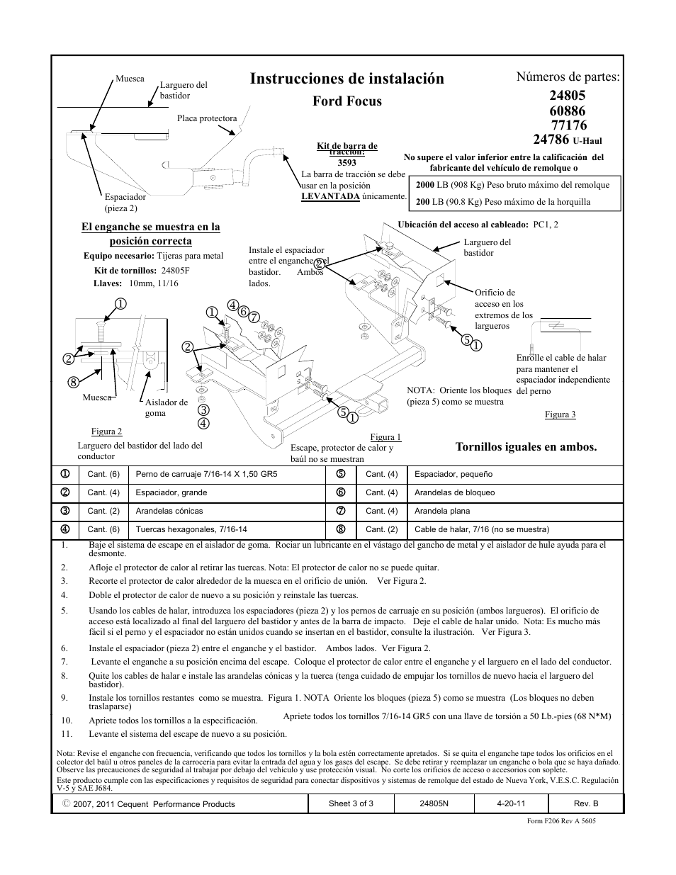 Instrucciones de instalación, Ford focus, Números de partes | Draw-Tite 24805 SPORTFRAME HITCH User Manual | Page 3 / 3