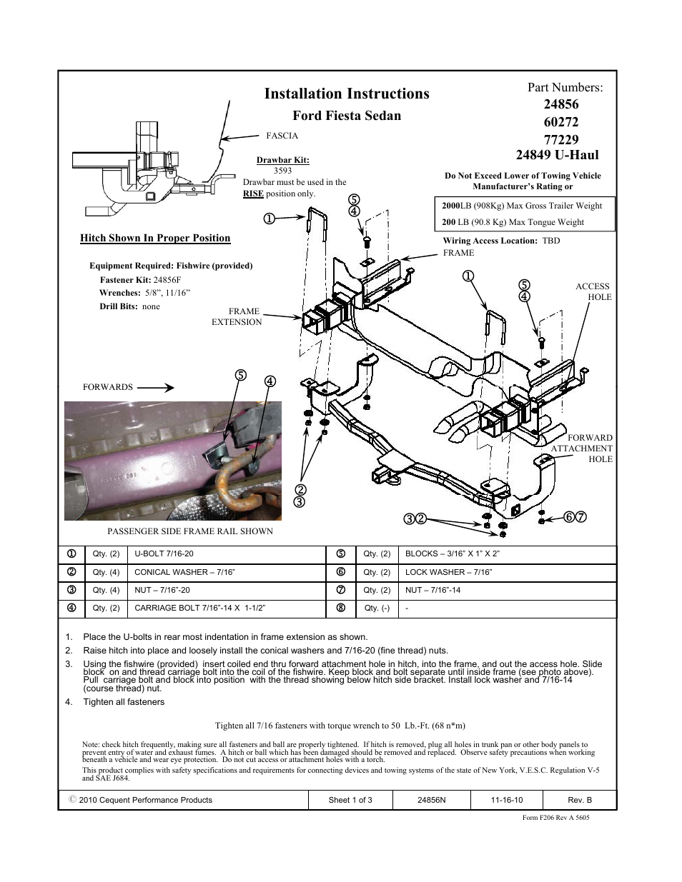 Draw-Tite 24856 SPORTFRAME HITCH User Manual | 3 pages