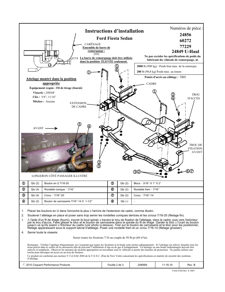 Instructions d’installation, Ford fiesta sedan, Numéros de pièce | Draw-Tite 24856 SPORTFRAME HITCH User Manual | Page 2 / 3