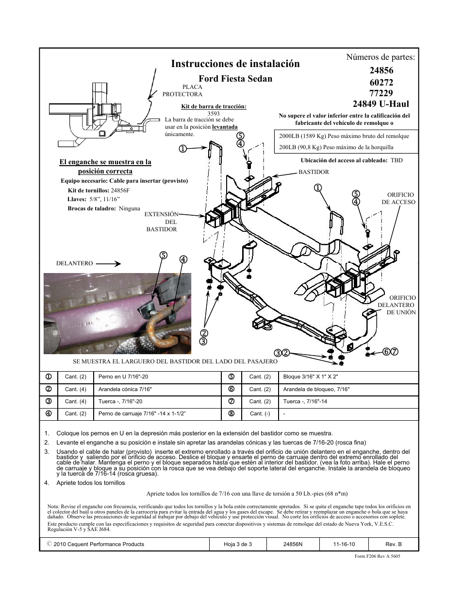 Instrucciones de instalación, Ford fiesta sedan, Números de partes | Draw-Tite 24856 SPORTFRAME HITCH User Manual | Page 3 / 3