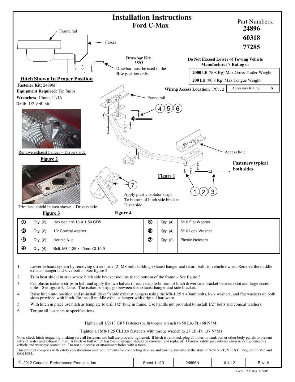 Draw-Tite 24896 SPORTFRAME HITCH User Manual | 3 pages