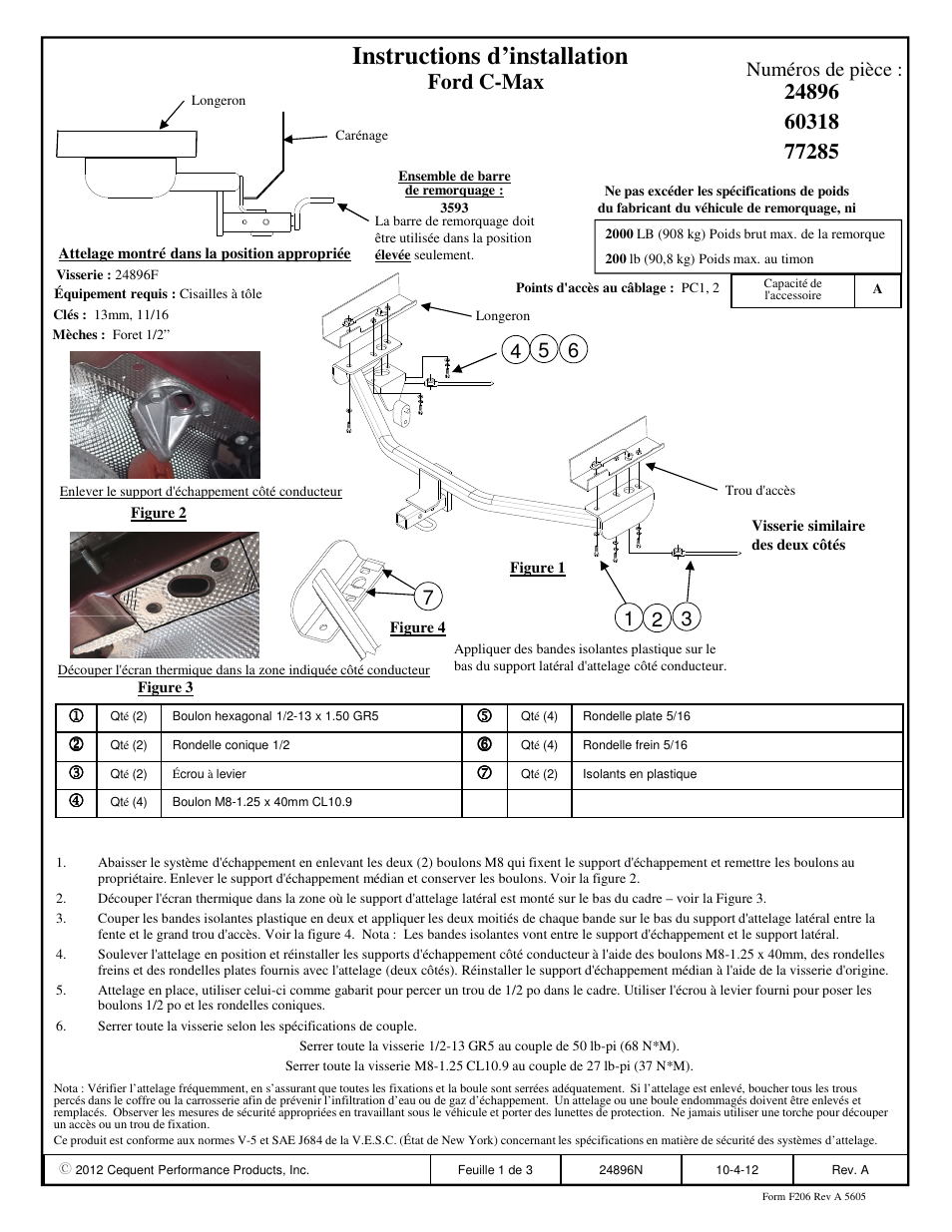 Instructions d’installation, Ford c-max, Numéros de pièce | Draw-Tite 24896 SPORTFRAME HITCH User Manual | Page 2 / 3