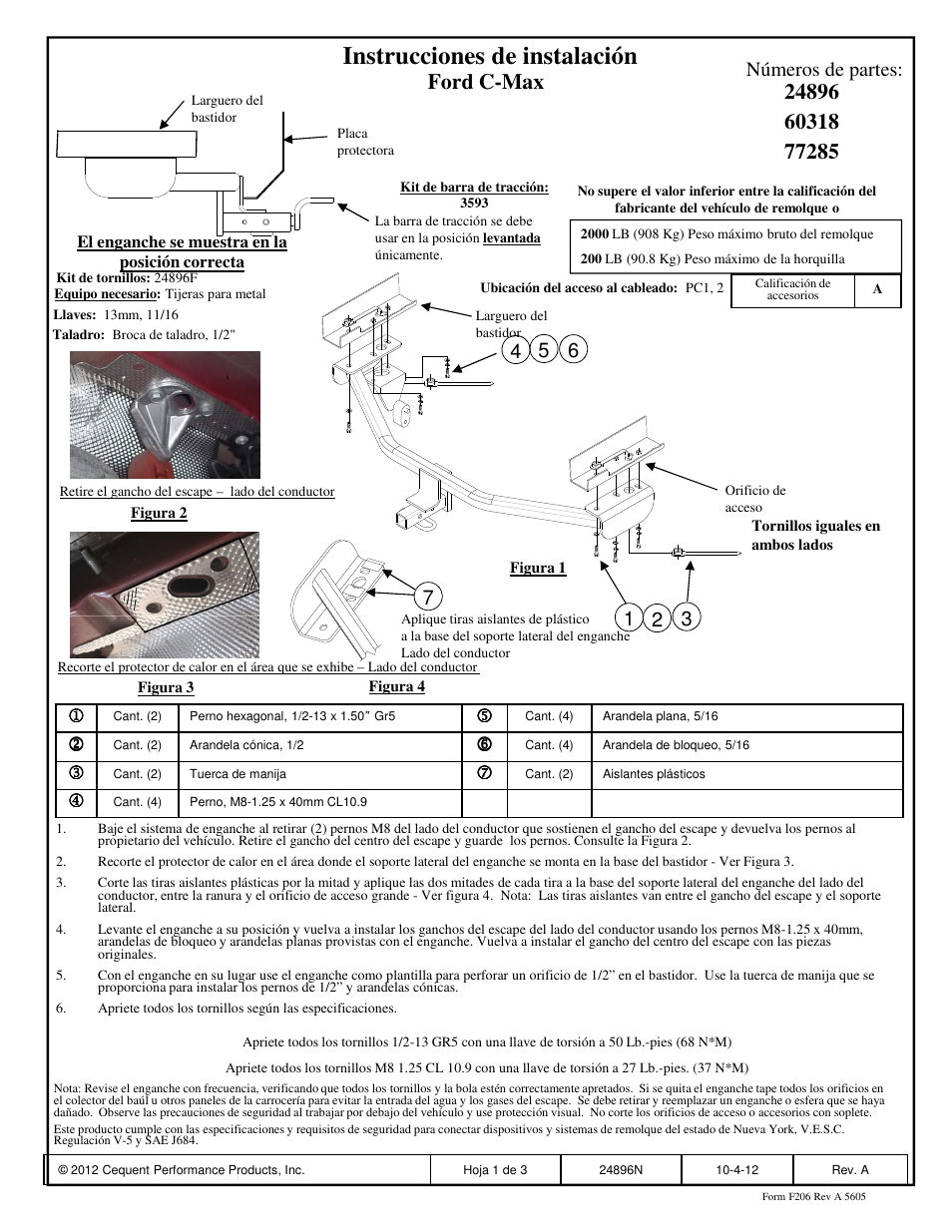 Instrucciones de instalación, Ford c-max, Números de partes | Draw-Tite 24896 SPORTFRAME HITCH User Manual | Page 3 / 3