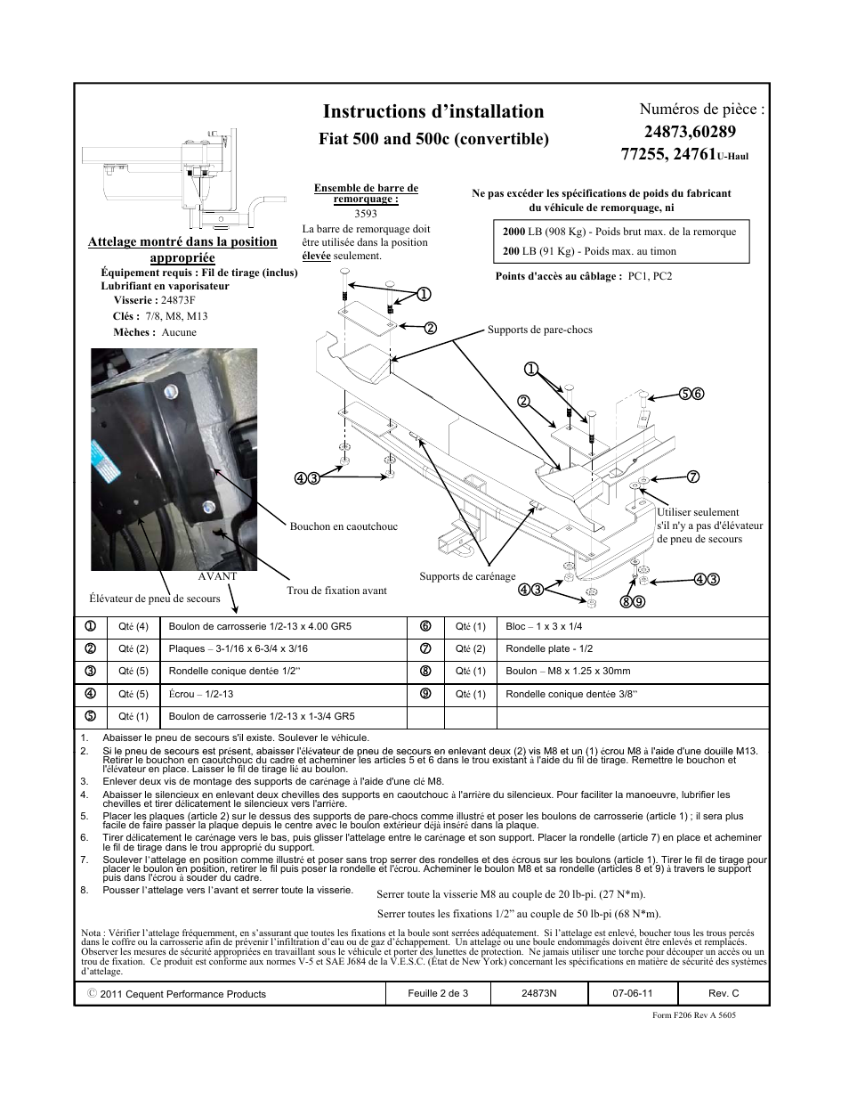 Instructions d’installation, Numéros de pièce | Draw-Tite 24873 SPORTFRAME HITCH User Manual | Page 2 / 3