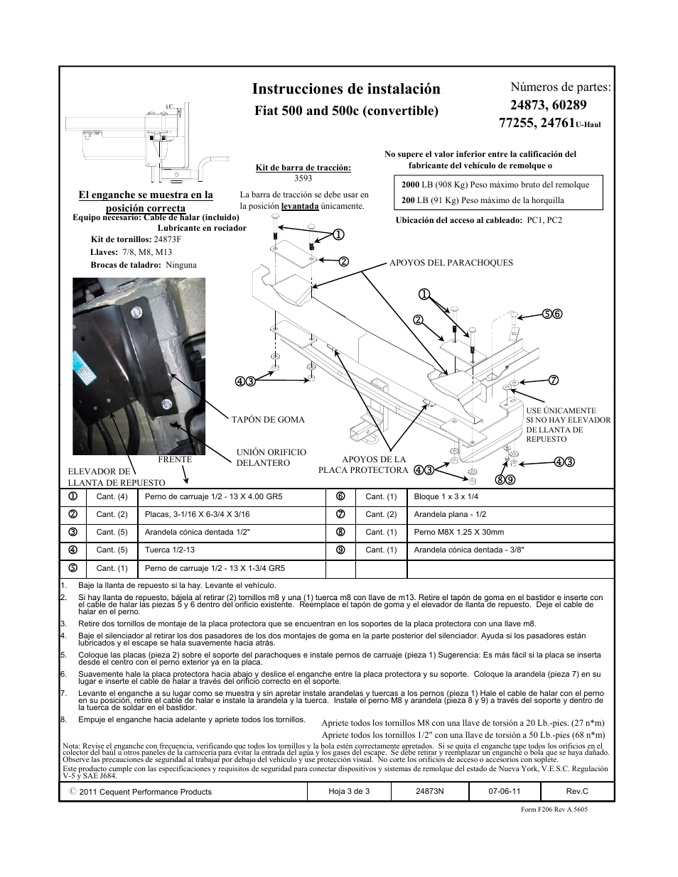 Instrucciones de instalación, Números de partes | Draw-Tite 24873 SPORTFRAME HITCH User Manual | Page 3 / 3