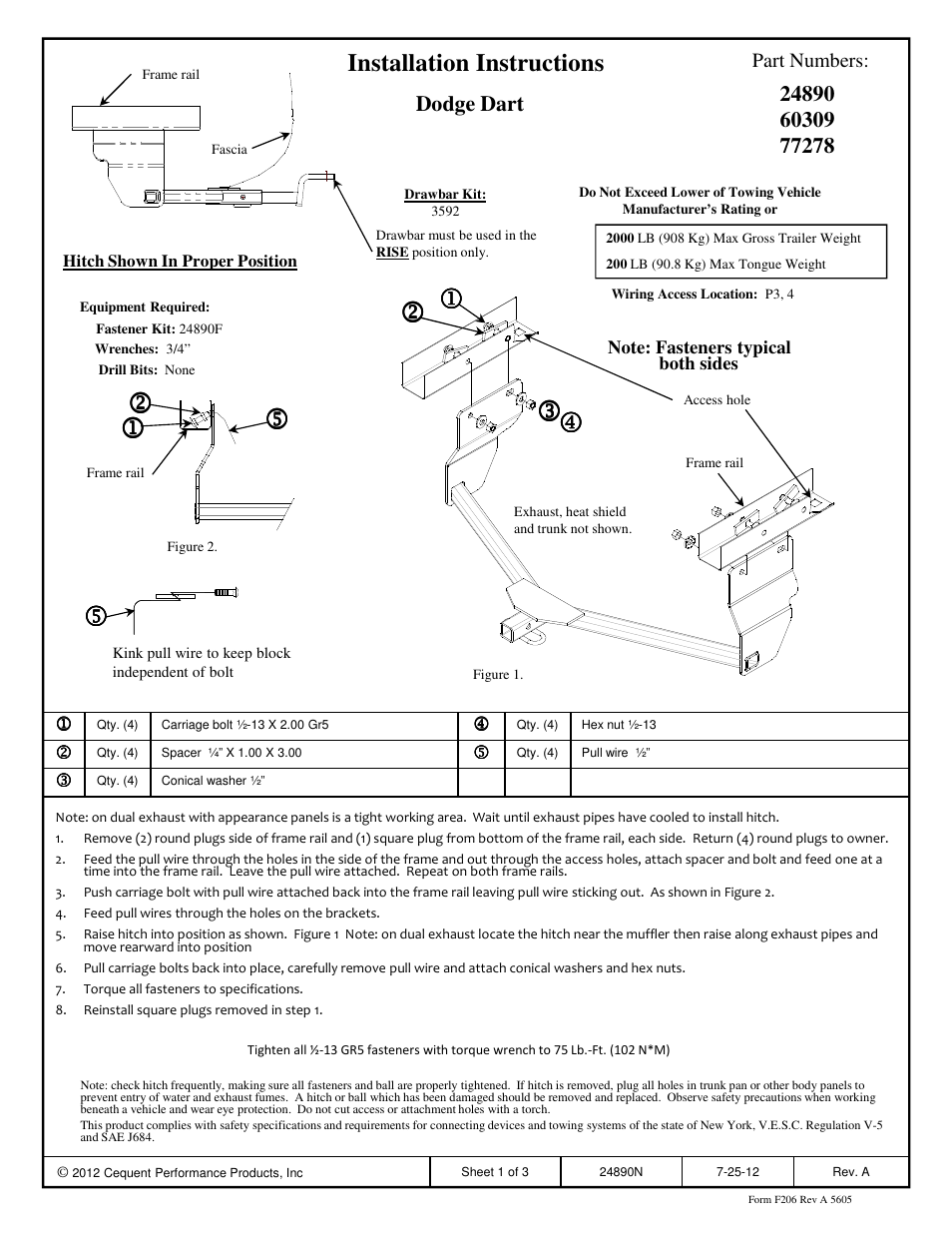 Draw-Tite 24890 SPORTFRAME HITCH User Manual | 3 pages