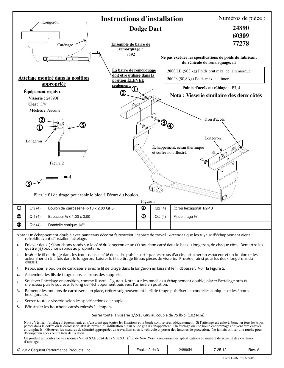 Instructions d’installation | Draw-Tite 24890 SPORTFRAME HITCH User Manual | Page 2 / 3