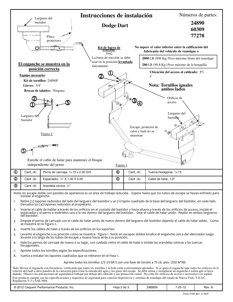 Instrucciones de instalación | Draw-Tite 24890 SPORTFRAME HITCH User Manual | Page 3 / 3