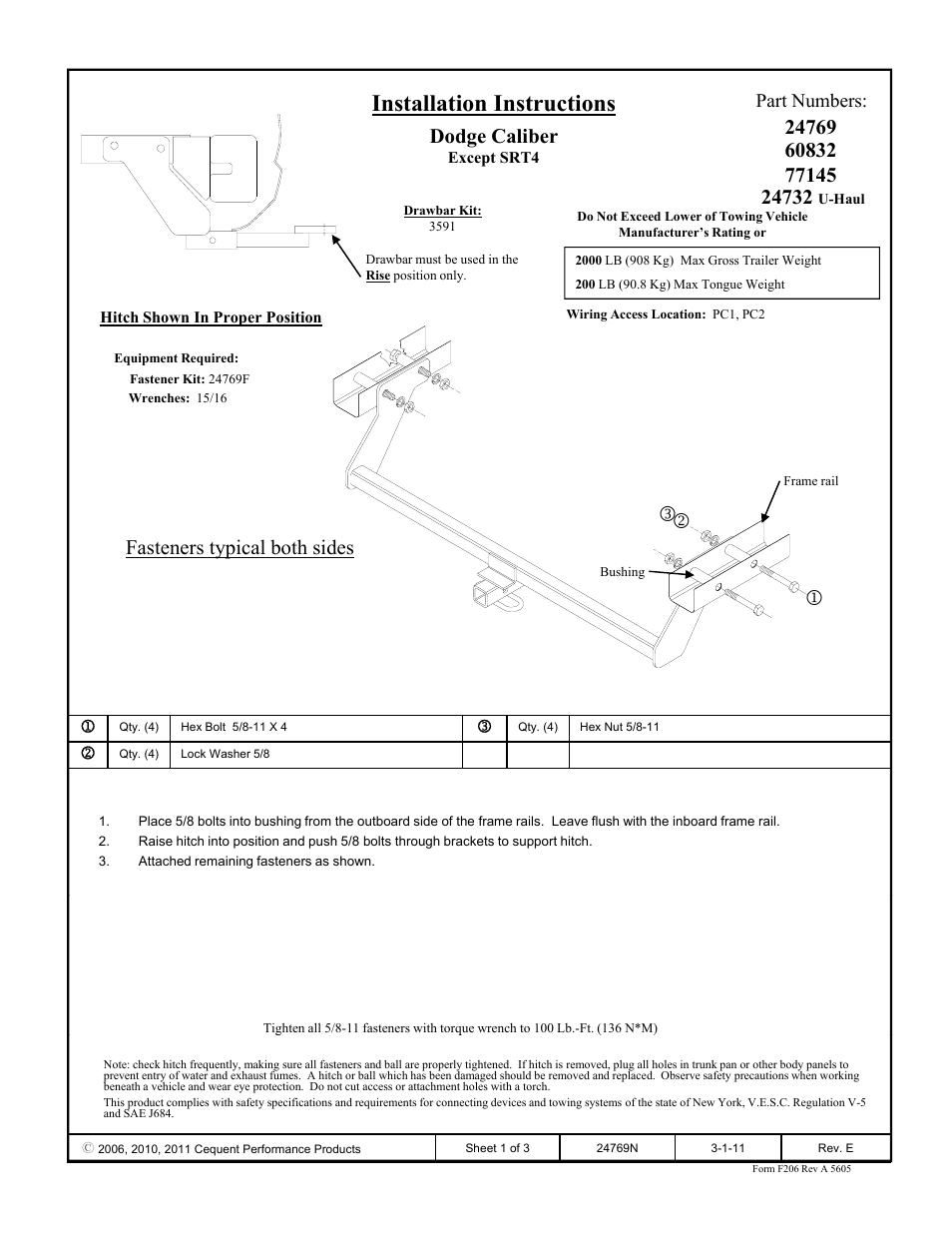 Draw-Tite 24769 SPORTFRAME HITCH User Manual | 3 pages