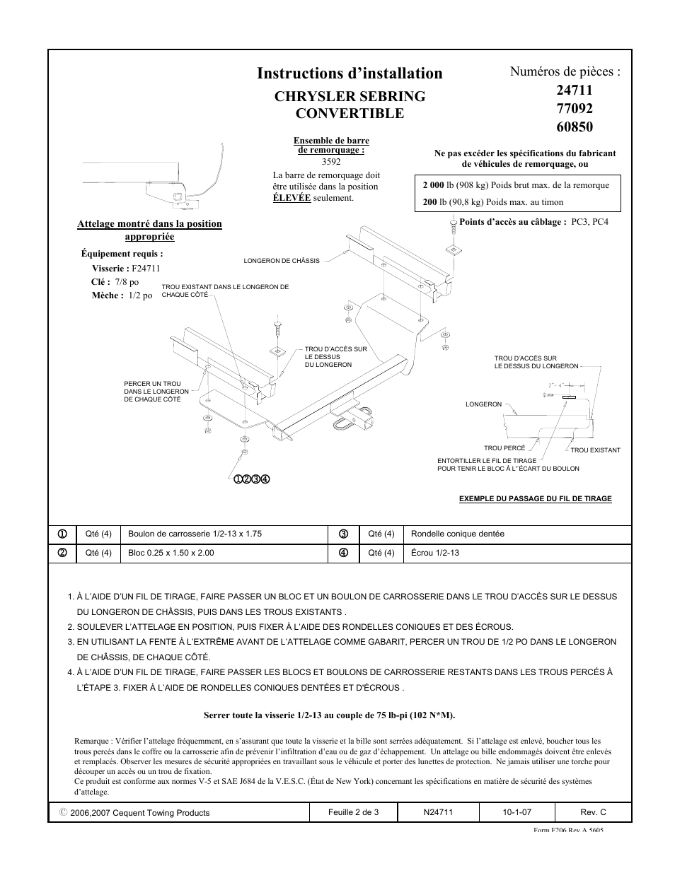 Instructions d’installation, Chrysler sebring convertible, Numéros de pièces | Draw-Tite 24711 SPORTFRAME HITCH User Manual | Page 2 / 3