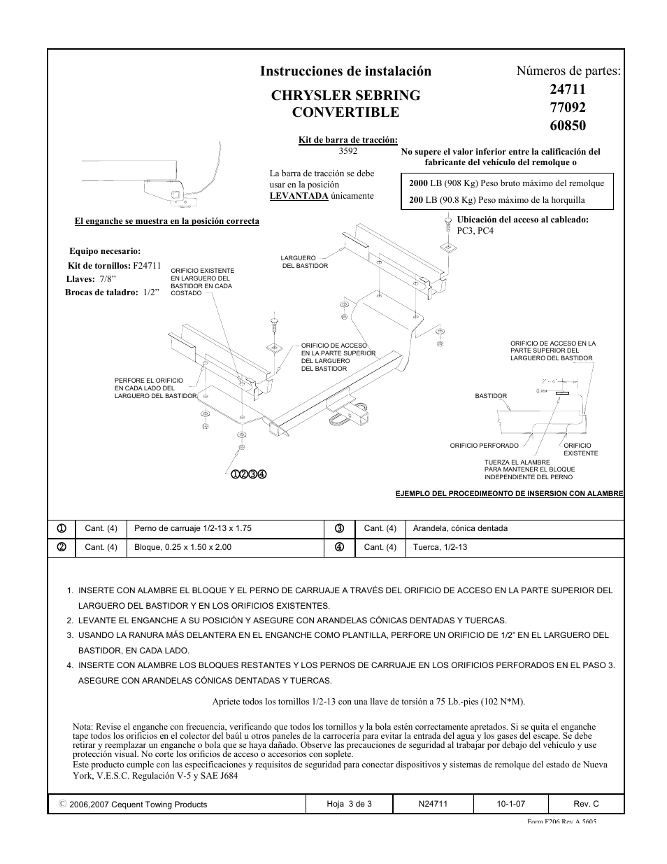 Números de partes | Draw-Tite 24711 SPORTFRAME HITCH User Manual | Page 3 / 3