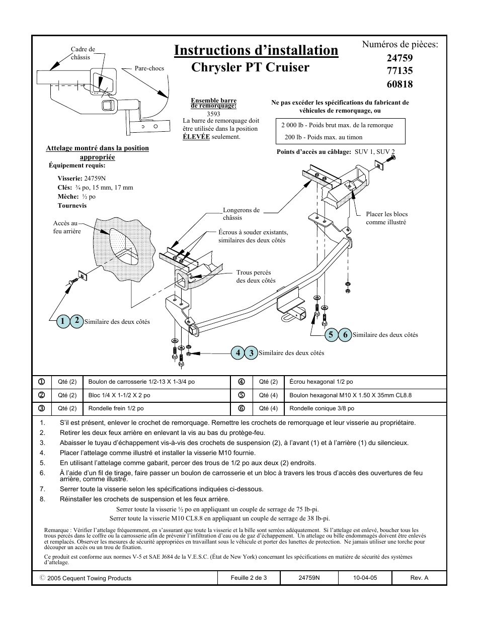 Instructions d’installation, Chrysler pt cruiser, Numéros de pièces | Draw-Tite 24759 SPORTFRAME HITCH User Manual | Page 2 / 3