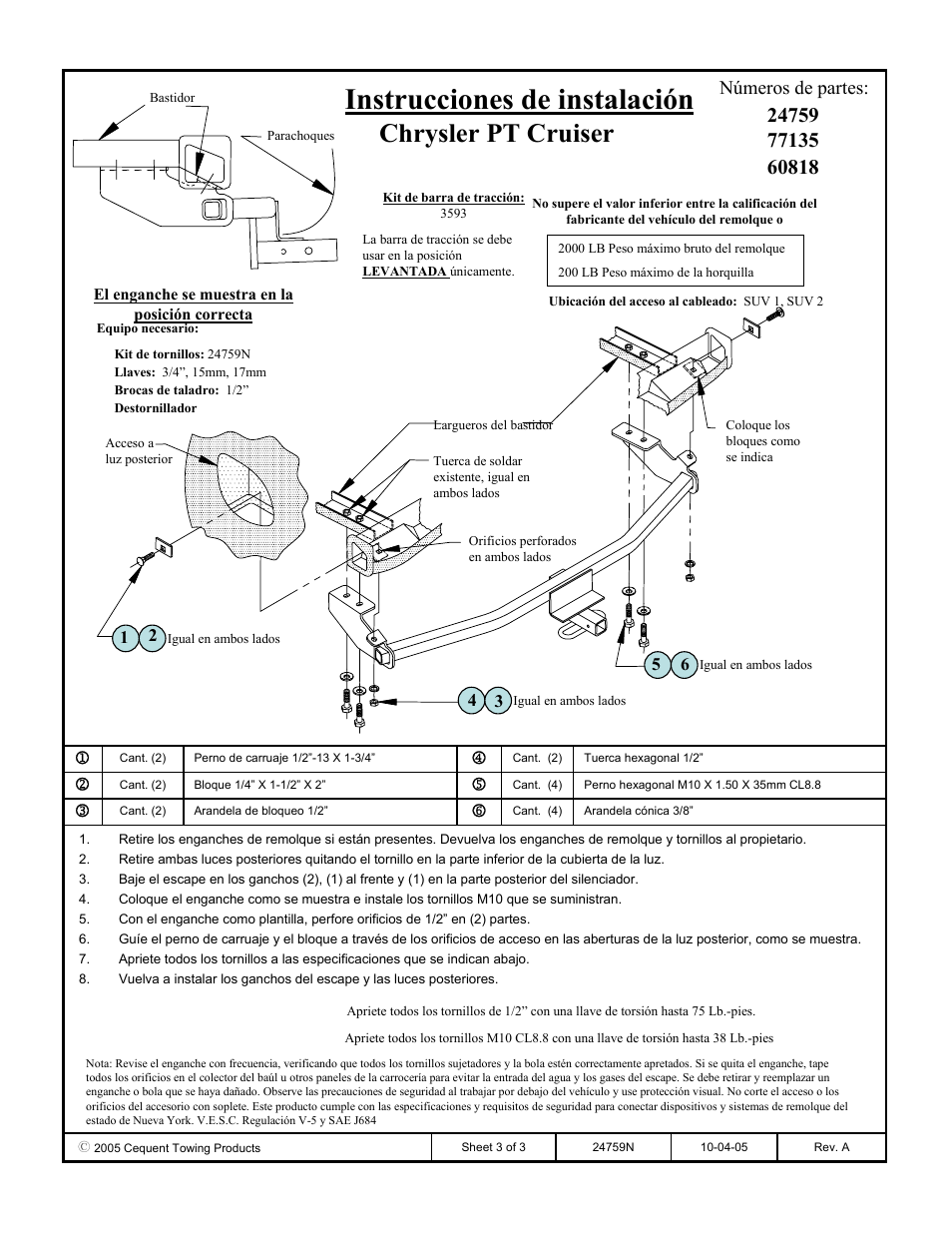 Instrucciones de instalación, Chrysler pt cruiser, Números de partes | Draw-Tite 24759 SPORTFRAME HITCH User Manual | Page 3 / 3