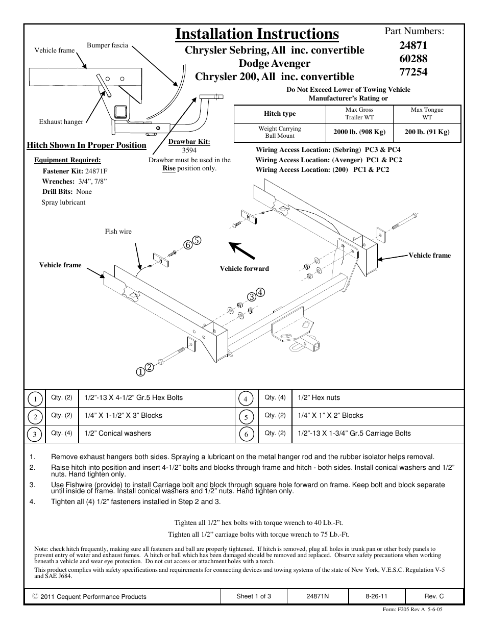 Draw-Tite 24871 SPORTFRAME HITCH User Manual | 3 pages