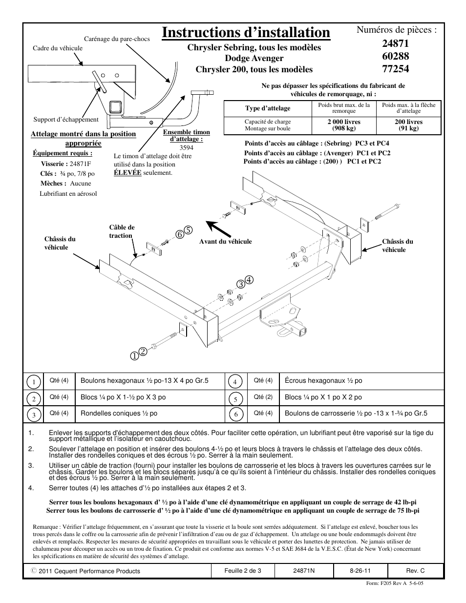 Instructions d’installation, Numéros de pièces | Draw-Tite 24871 SPORTFRAME HITCH User Manual | Page 2 / 3