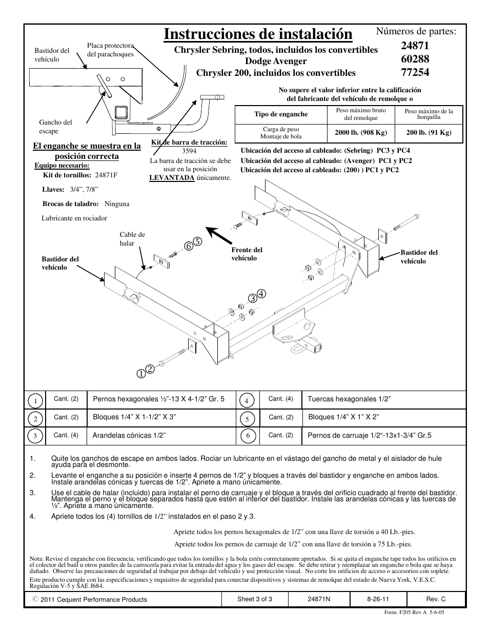 Instrucciones de instalación, Números de partes | Draw-Tite 24871 SPORTFRAME HITCH User Manual | Page 3 / 3