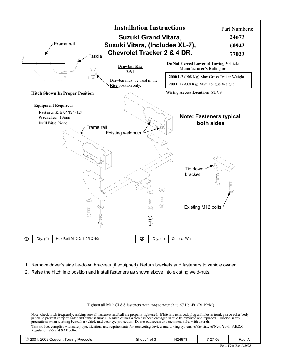 Draw-Tite 24673 SPORTFRAME HITCH User Manual | 3 pages