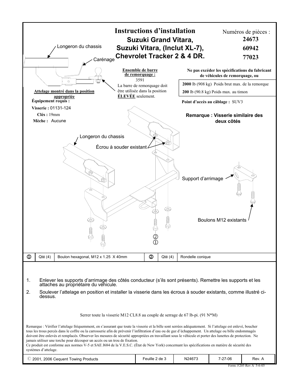 Instructions d’installation | Draw-Tite 24673 SPORTFRAME HITCH User Manual | Page 2 / 3