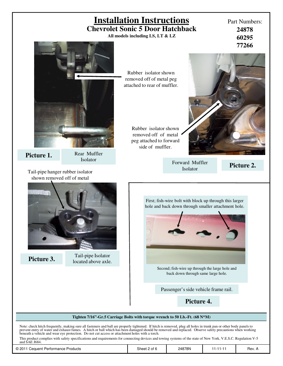 Installation instructions, Chevrolet sonic 5 door hatchback, Picture 1 | Picture 2, Picture 3, Picture 4 | Draw-Tite 24878 SPORTFRAME HITCH User Manual | Page 2 / 6