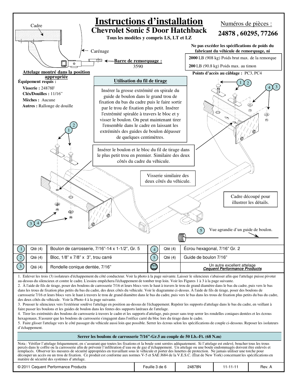 Instructions d’installation, Chevrolet sonic 5 door hatchback, Numéros de pièces | Draw-Tite 24878 SPORTFRAME HITCH User Manual | Page 3 / 6