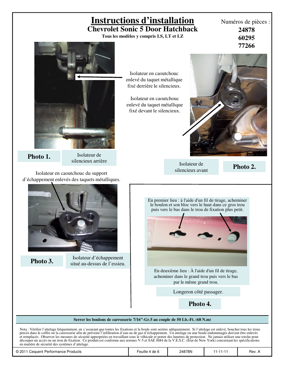 Instructions d’installation, Chevrolet sonic 5 door hatchback, Photo 1 | Photo 2, Photo 3, Photo 4, Numéros de pièces | Draw-Tite 24878 SPORTFRAME HITCH User Manual | Page 4 / 6