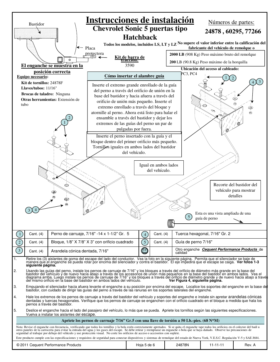 Instrucciones de instalación, Chevrolet sonic 5 puertas tipo hatchback, Números de partes | Draw-Tite 24878 SPORTFRAME HITCH User Manual | Page 5 / 6
