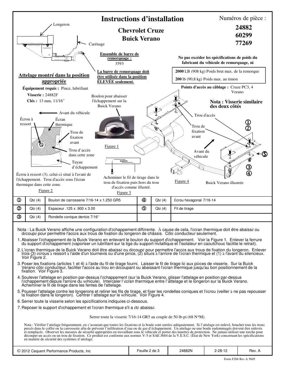 Instructions d’installation, Chevrolet cruze buick verano, Numéros de pièce | Draw-Tite 24882 SPORTFRAME HITCH User Manual | Page 2 / 3