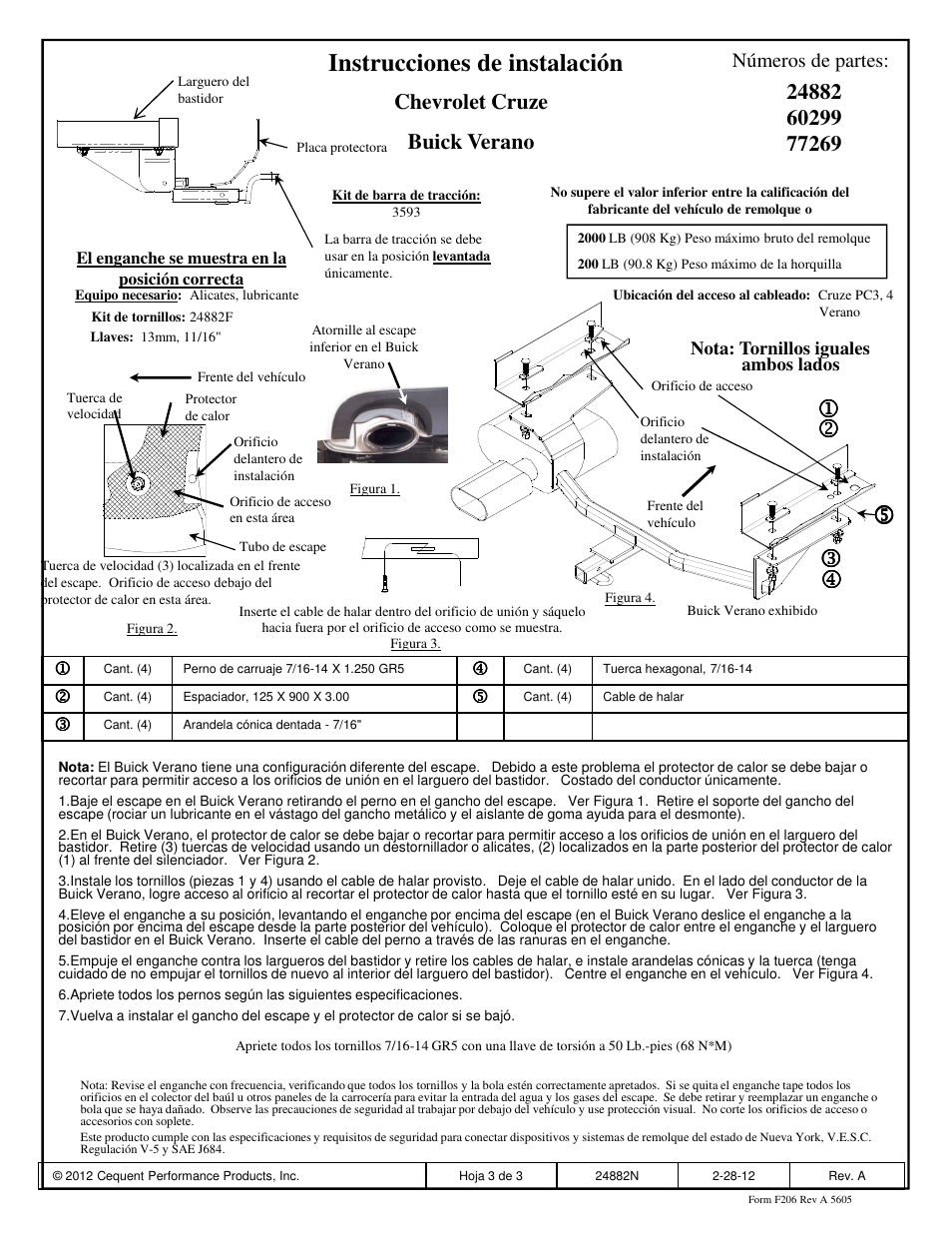 Instrucciones de instalación, Chevrolet cruze buick verano, Números de partes | Draw-Tite 24882 SPORTFRAME HITCH User Manual | Page 3 / 3