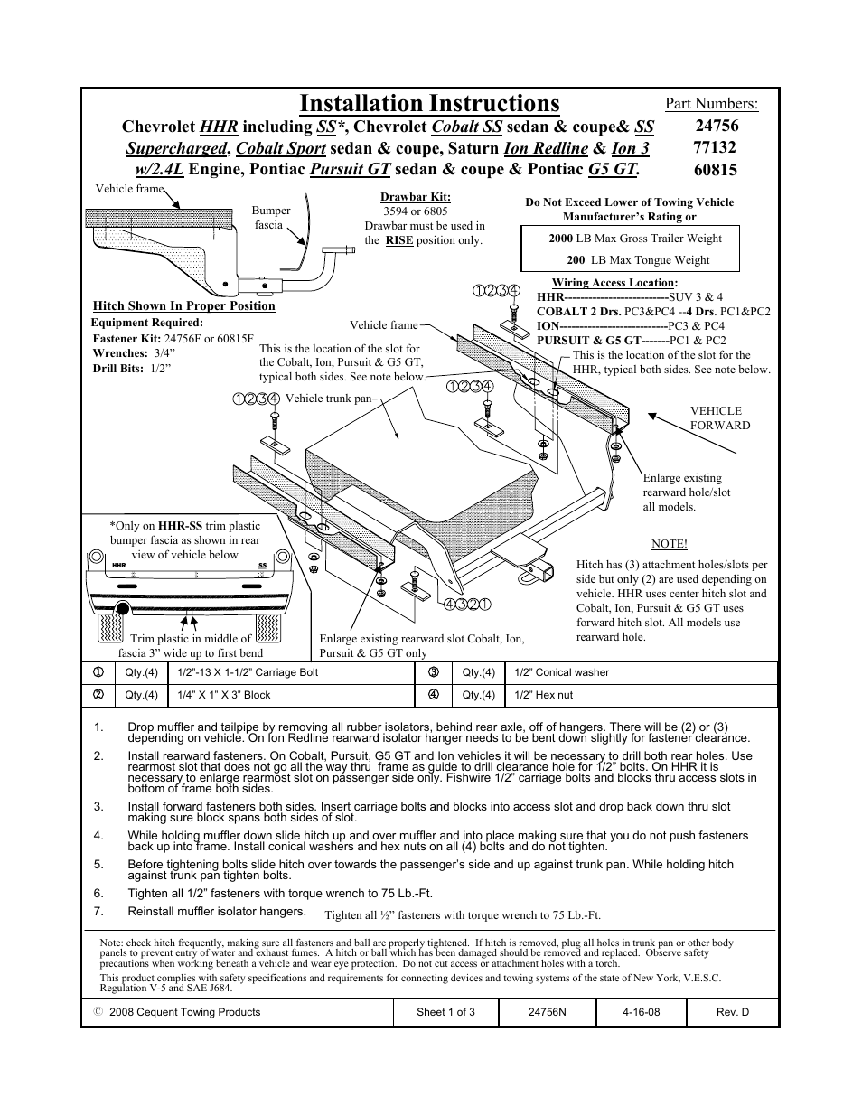Draw-Tite 24756 SPORTFRAME HITCH User Manual | 3 pages