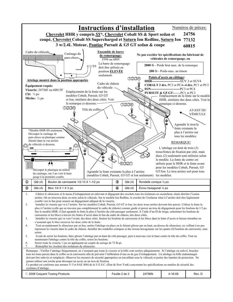 Instructions d’installation | Draw-Tite 24756 SPORTFRAME HITCH User Manual | Page 2 / 3
