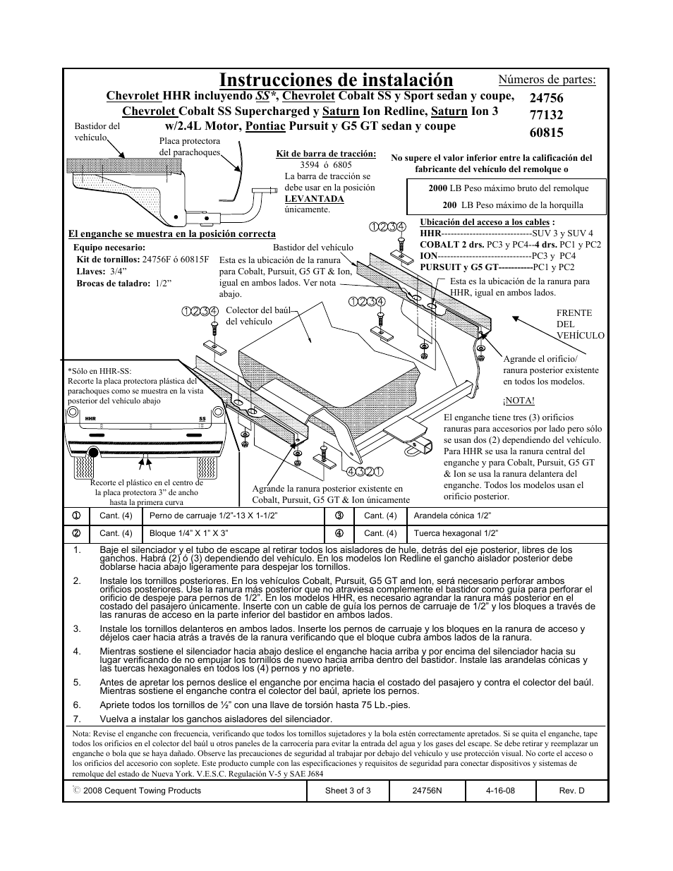 Instrucciones de instalación | Draw-Tite 24756 SPORTFRAME HITCH User Manual | Page 3 / 3