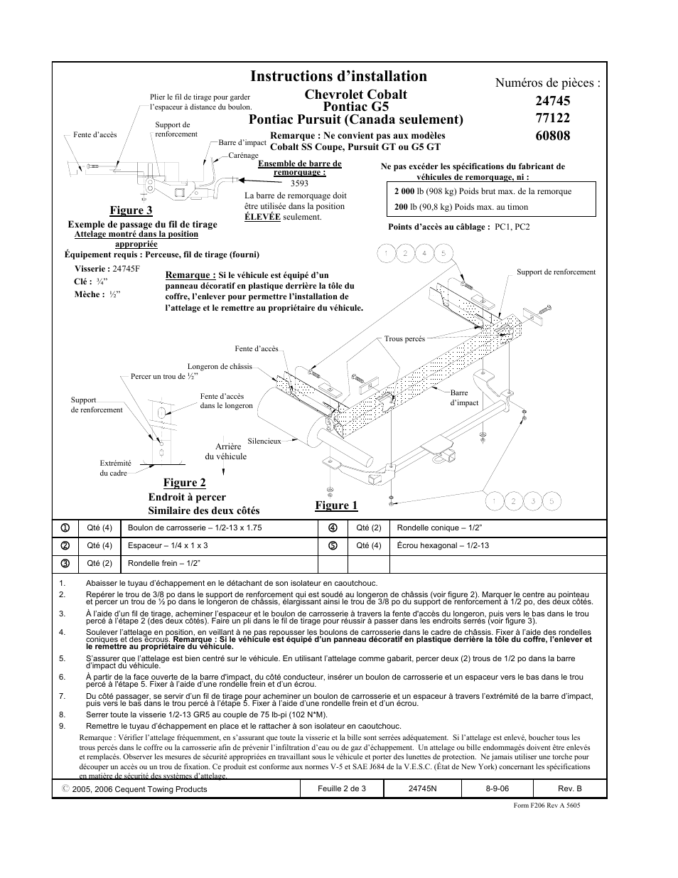 Instructions d’installation, Numéros de pièces, Figure 1 | Figure 3, Figure 2 | Draw-Tite 24745 SPORTFRAME HITCH User Manual | Page 2 / 3