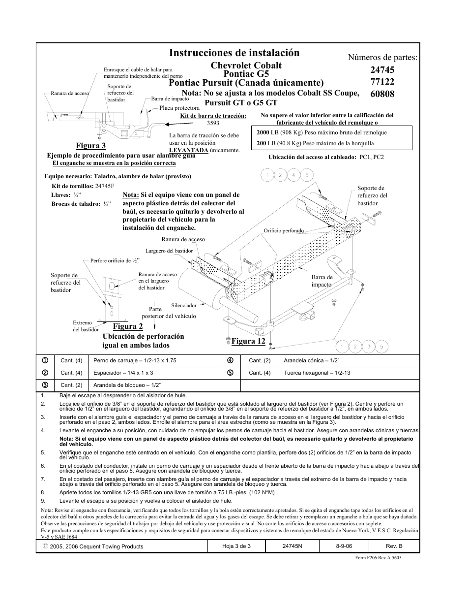 Instrucciones de instalación, Números de partes | Draw-Tite 24745 SPORTFRAME HITCH User Manual | Page 3 / 3