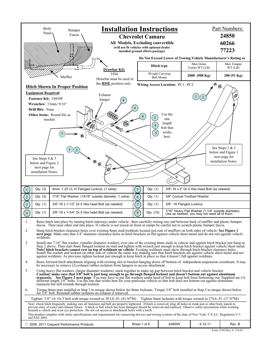 Draw-Tite 24850 SPORTFRAME HITCH User Manual | 6 pages