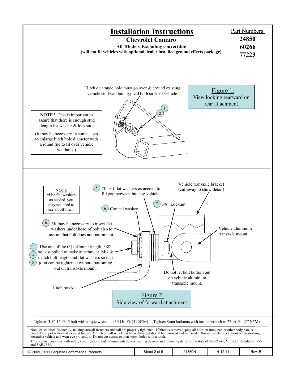 Installation instructions, Chevrolet camaro, Figure 1 | Figure 2, Part numbers | Draw-Tite 24850 SPORTFRAME HITCH User Manual | Page 2 / 6