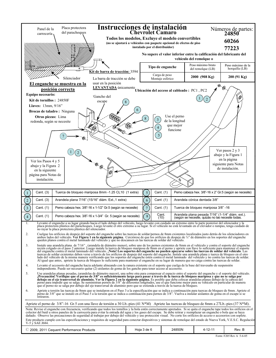 Instrucciones de instalación, Chevrolet camaro, Números de partes | Draw-Tite 24850 SPORTFRAME HITCH User Manual | Page 3 / 6