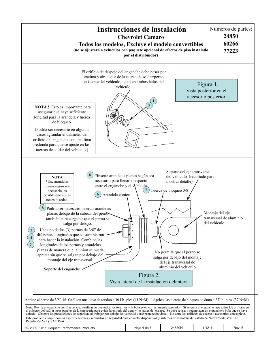 Instrucciones de instalación, Figura 1, Figura 2 | Números de partes | Draw-Tite 24850 SPORTFRAME HITCH User Manual | Page 4 / 6
