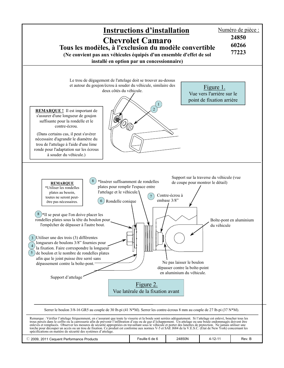 Chevrolet camaro, Instructions d’installation, Figure 1 | Figure 2, Numéro de pièce | Draw-Tite 24850 SPORTFRAME HITCH User Manual | Page 6 / 6