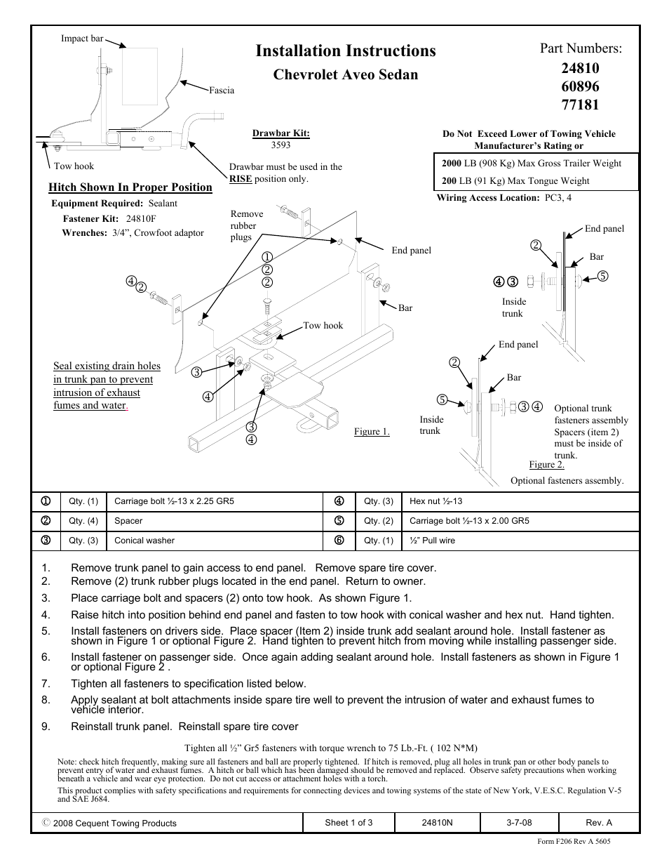 Draw-Tite 24810 SPORTFRAME HITCH User Manual | 3 pages