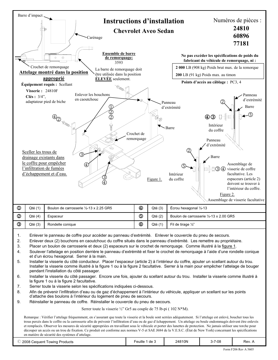 Instructions d’installation, Chevrolet aveo sedan, Numéros de pièces | Draw-Tite 24810 SPORTFRAME HITCH User Manual | Page 2 / 3
