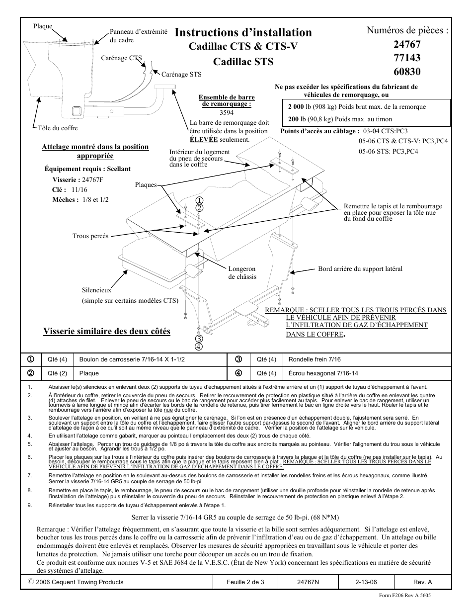 Instructions d’installation, Cadillac cts & cts-v cadillac sts, Numéros de pièces | Visserie similaire des deux côtés | Draw-Tite 24767 SPORTFRAME HITCH User Manual | Page 2 / 3