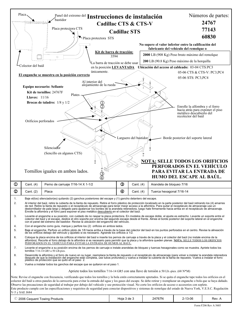 Instrucciones de instalación, Cadillac cts & cts-v cadillac sts, Números de partes | Draw-Tite 24767 SPORTFRAME HITCH User Manual | Page 3 / 3
