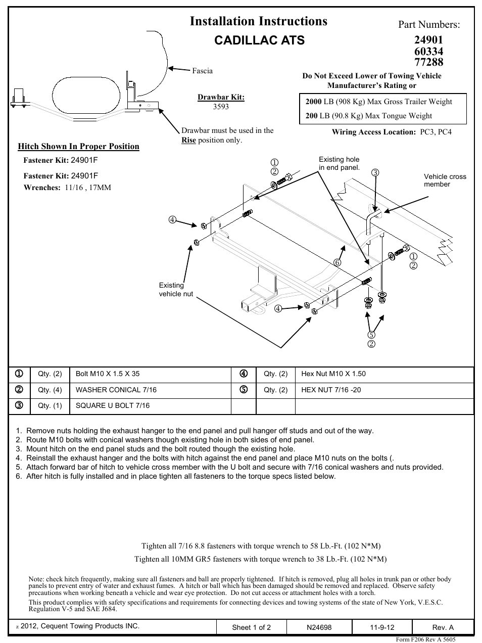 Draw-Tite 24901 SPORTFRAME HITCH User Manual | 3 pages