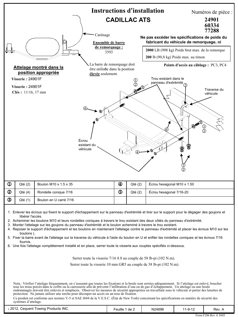 Slide number 2, Instructions d’installation, Cadillac ats | Numéros de pièce | Draw-Tite 24901 SPORTFRAME HITCH User Manual | Page 2 / 3