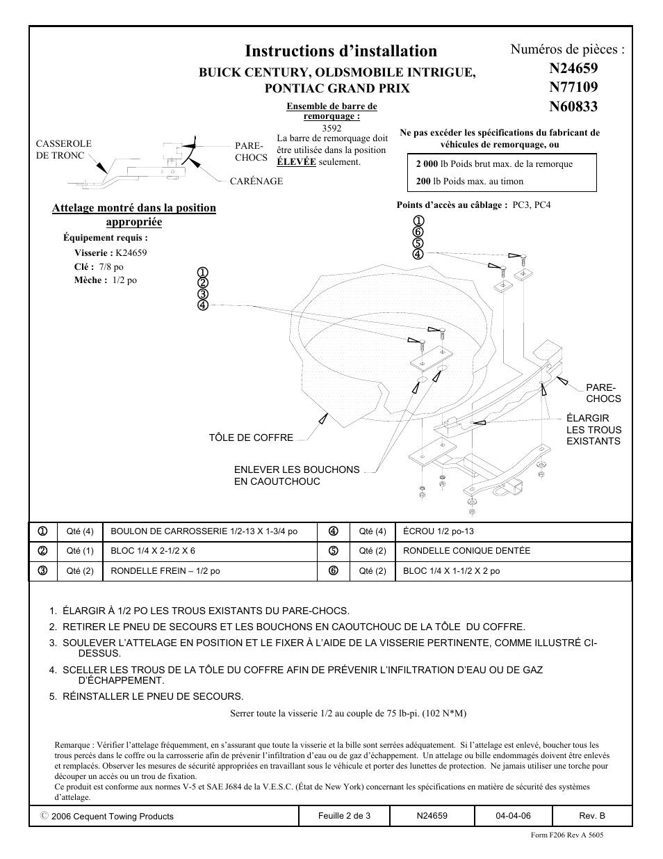 Instructions d’installation, Numéros de pièces | Draw-Tite 24659 SPORTFRAME HITCH User Manual | Page 2 / 3