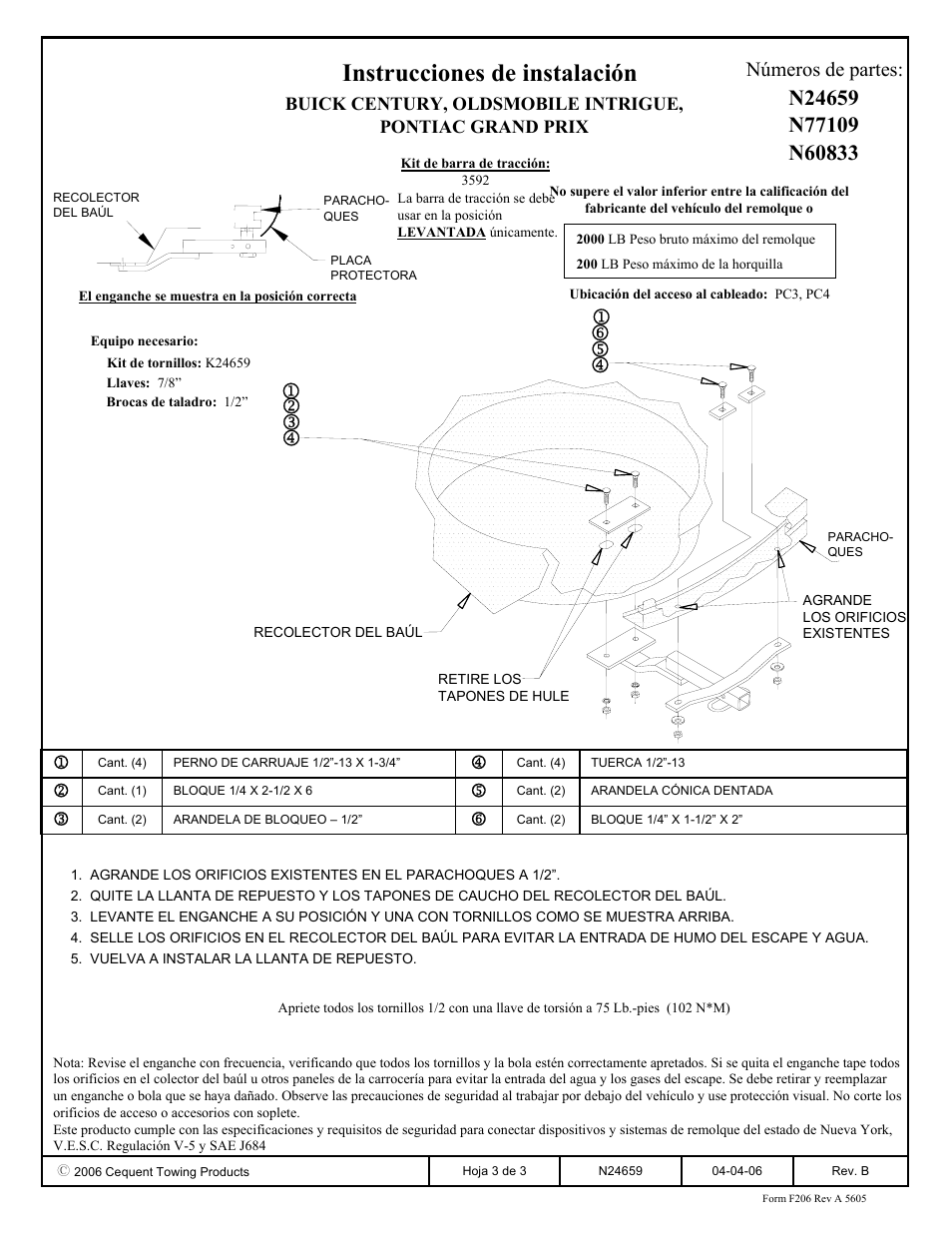 Instrucciones de instalación, Números de partes | Draw-Tite 24659 SPORTFRAME HITCH User Manual | Page 3 / 3