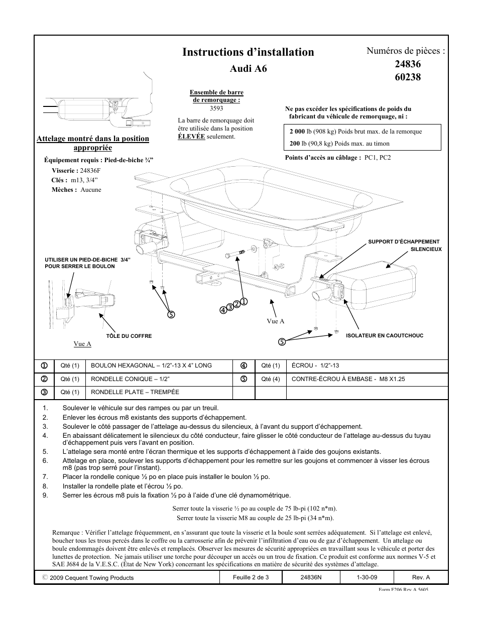 Instructions d’installation, Audi a6, Numéros de pièces | Draw-Tite 24836 SPORTFRAME HITCH User Manual | Page 2 / 3