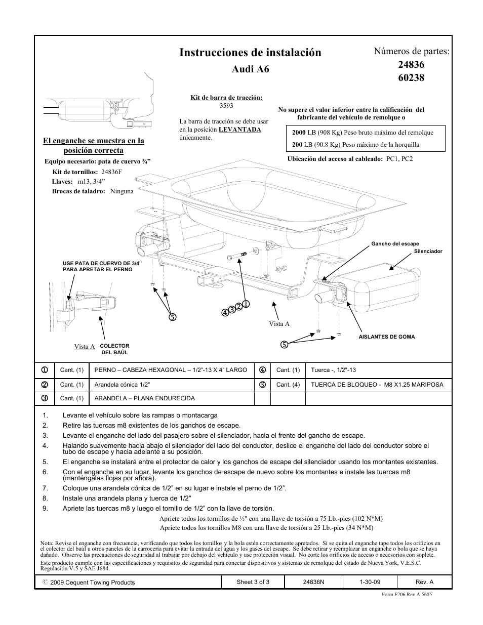 Instrucciones de instalación, Audi a6, Números de partes | Draw-Tite 24836 SPORTFRAME HITCH User Manual | Page 3 / 3