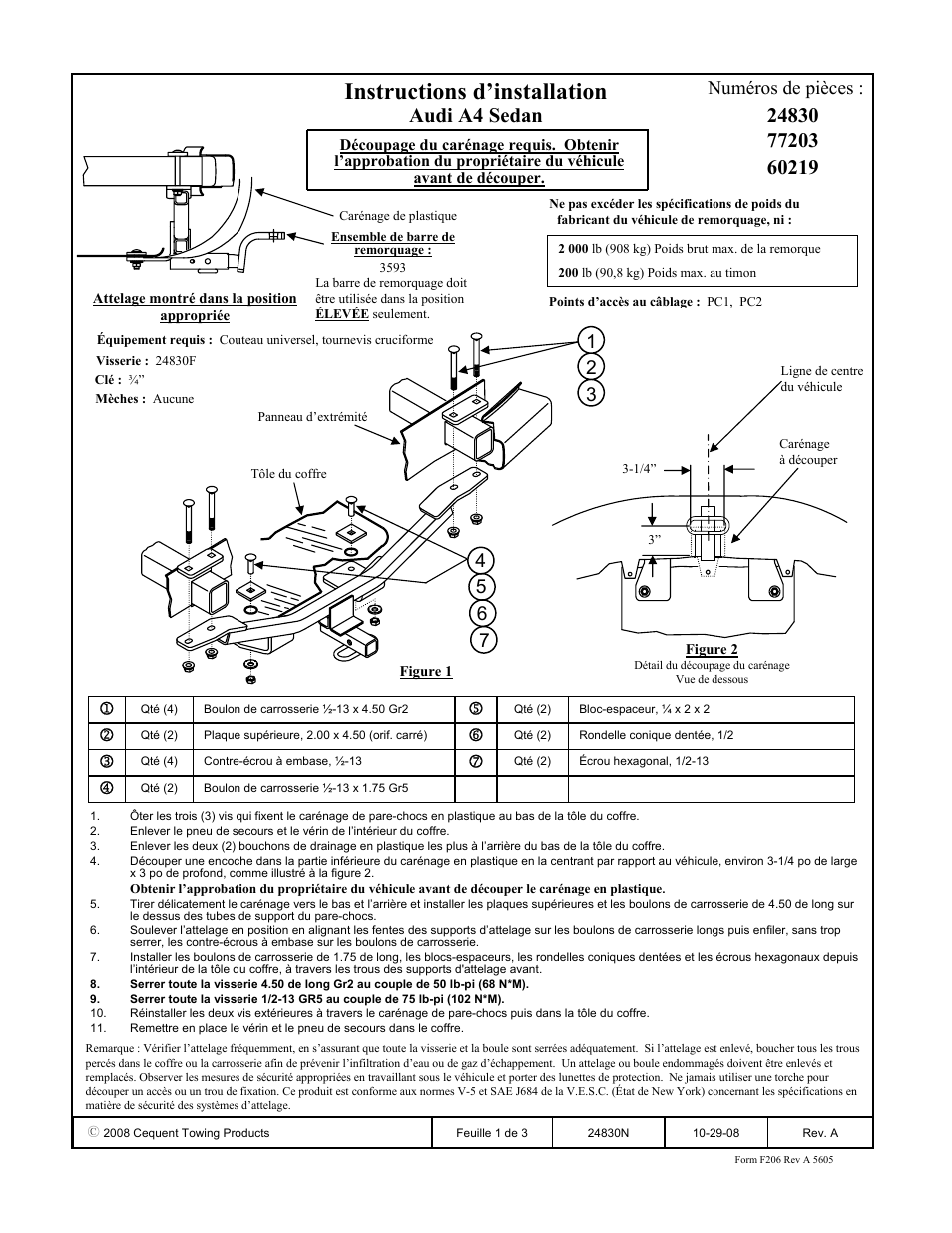 Instructions d’installation, Audi a4 sedan, Numéros de pièces | Draw-Tite 24830 SPORTFRAME HITCH User Manual | Page 2 / 3